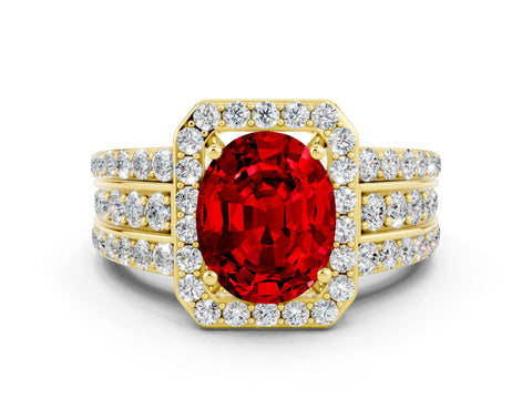 Yellow gold Oval Cut Halo Ruby Ring with Split Shank and Four-Prong Setting
