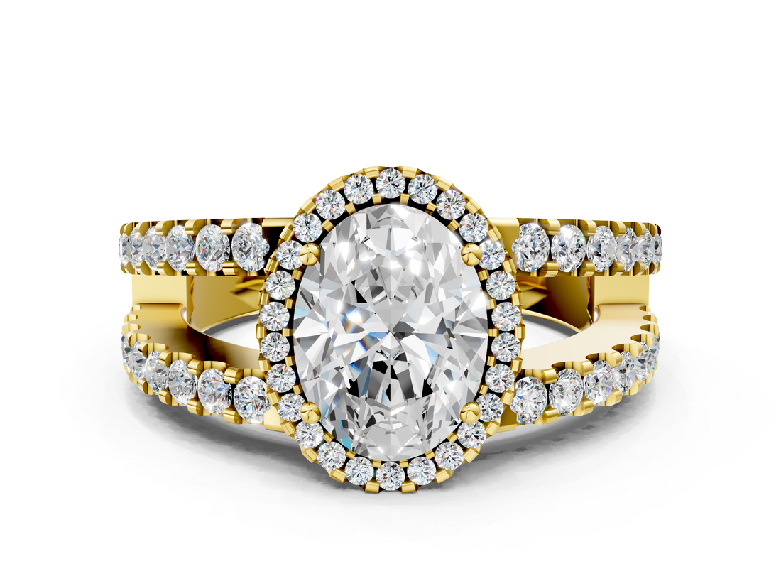 Yellow gold Oval Cut Halo Split Shank Diamond Ring with Four-Prong Setting_64
