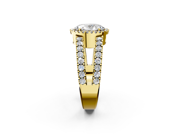 Yellow gold Oval Cut Halo Split Shank Diamond Ring with Four-Prong Setting