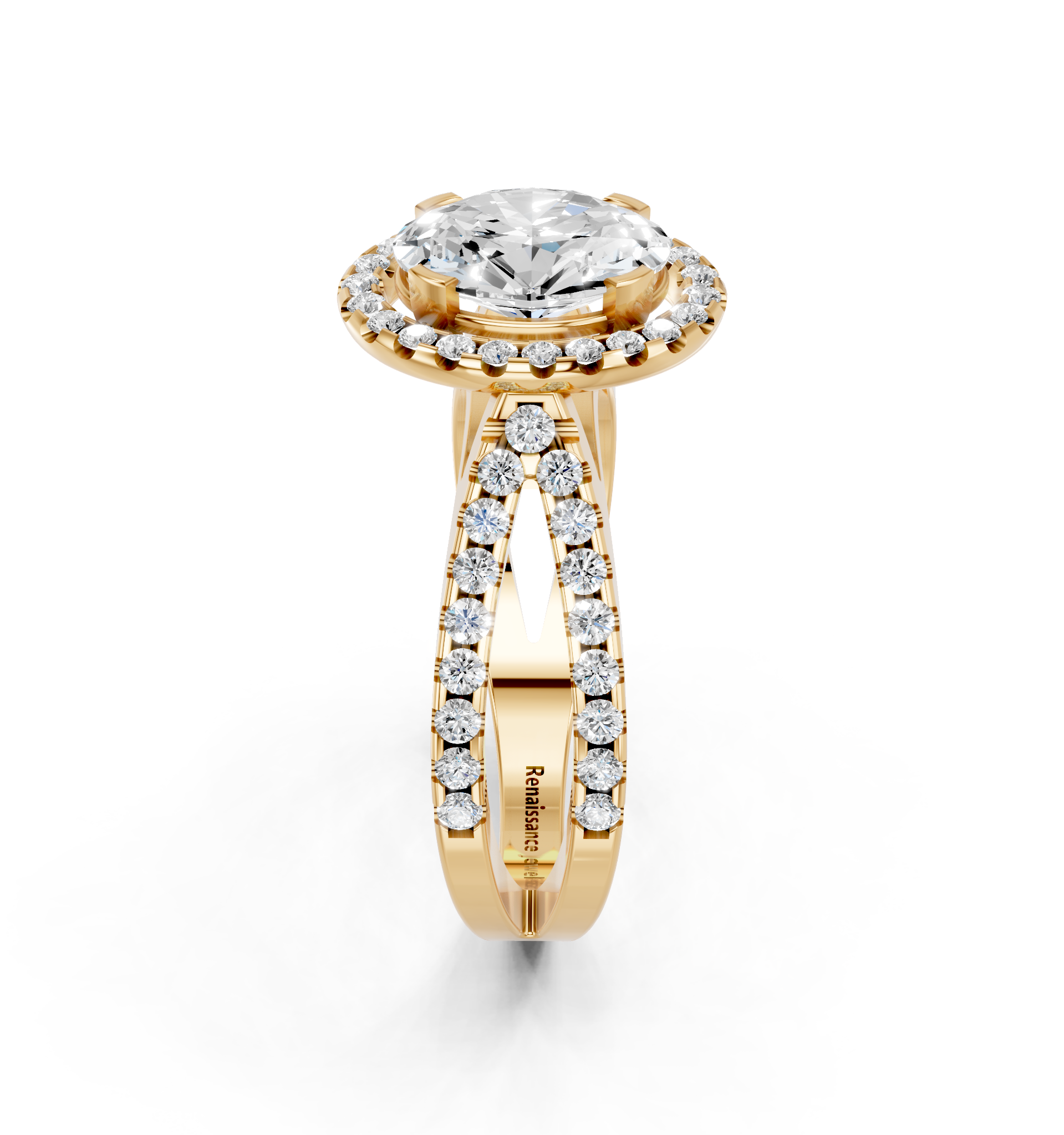 Yellow gold Oval Cut Halo Split Shank Pave Set Ring_31