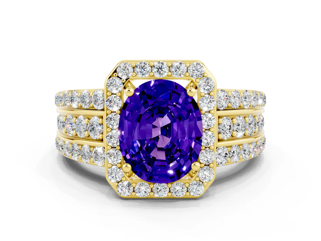Yellow gold Oval Cut Halo Tanzanite Ring with Split Shank and Four-Prong Setting