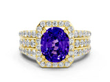 Yellow gold Oval Cut Halo Tanzanite Ring with Split Shank and Four-Prong Setting