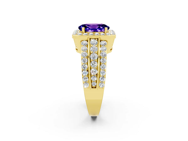 Yellow gold Oval Cut Halo Tanzanite Ring with Round  Split Shank and Prong Setting
