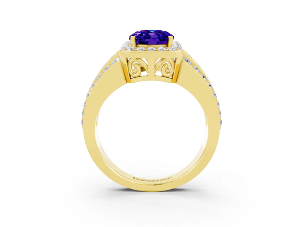 Yellow gold Oval Cut Halo Tanzanite Ring with Round  Split Shank and Prong Setting