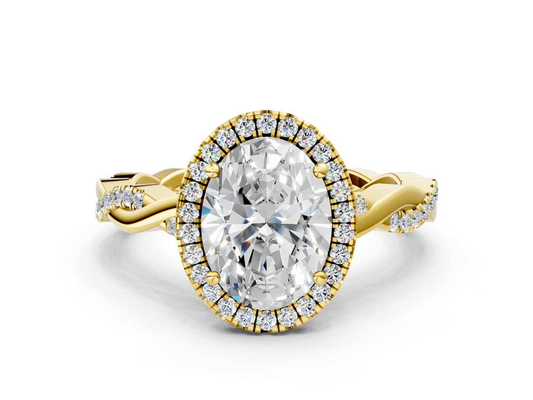 Yellow gold Oval Cut Halo Twisted Band Four-Prong Ring_33
