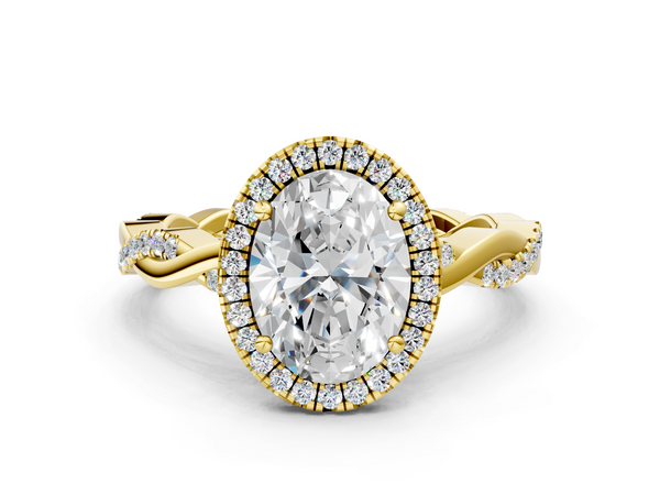 Yellow gold Oval Cut Halo Twisted Band Four-Prong Ring