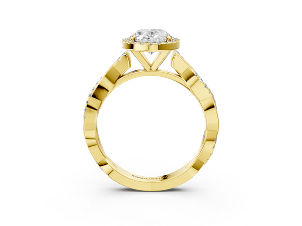 Yellow gold Oval Cut Halo Twisted Band Four-Prong Ring