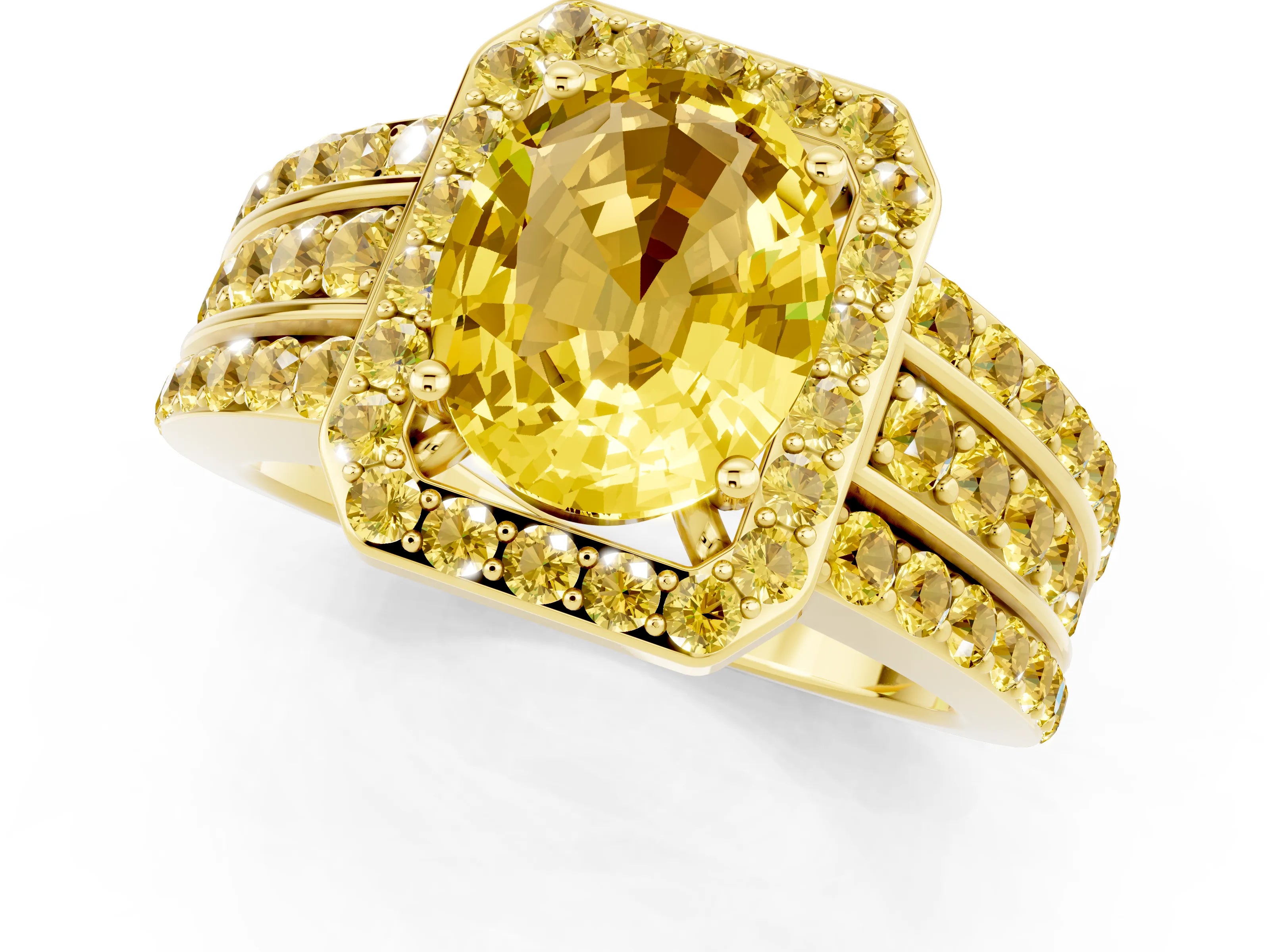 Yellow gold Oval Cut Halo Yellow Sapphire Ring with Split Shank and Four-Prong Setting_1