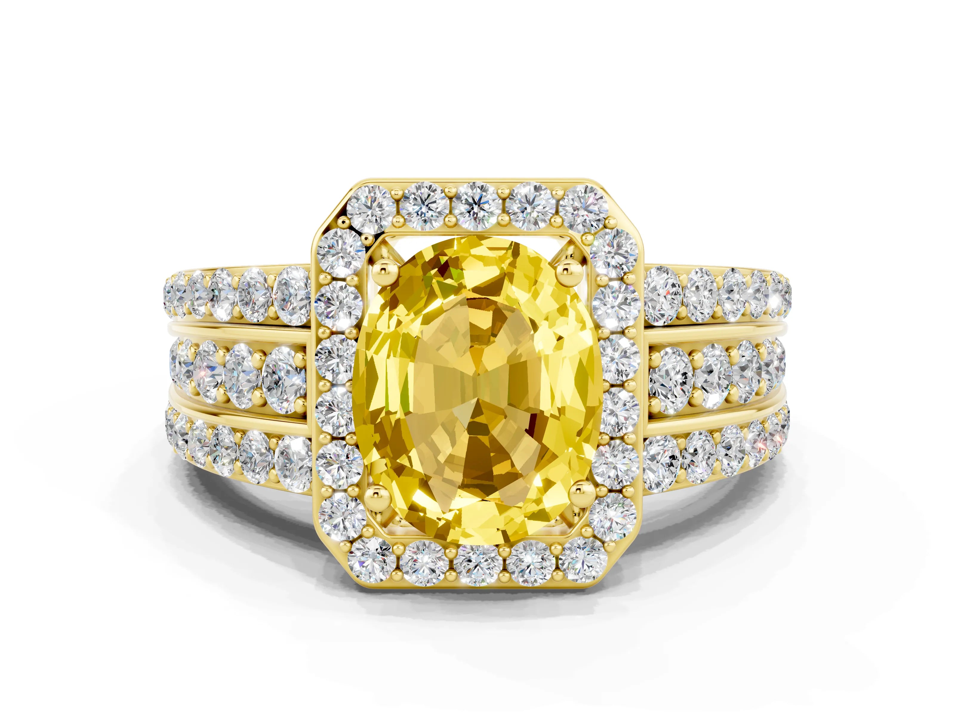 Yellow gold Oval Cut Halo Yellow Sapphire Ring with Split Shank and Four-Prong Setting_24