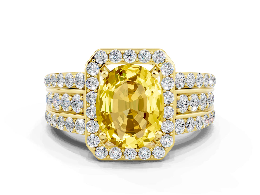 Yellow gold Oval Cut Halo Yellow Sapphire Ring with Split Shank and Four-Prong Setting_24