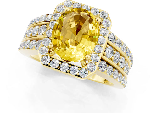 Yellow gold Oval Cut Halo Yellow Sapphire Ring with Split Shank and Four-Prong Setting_25