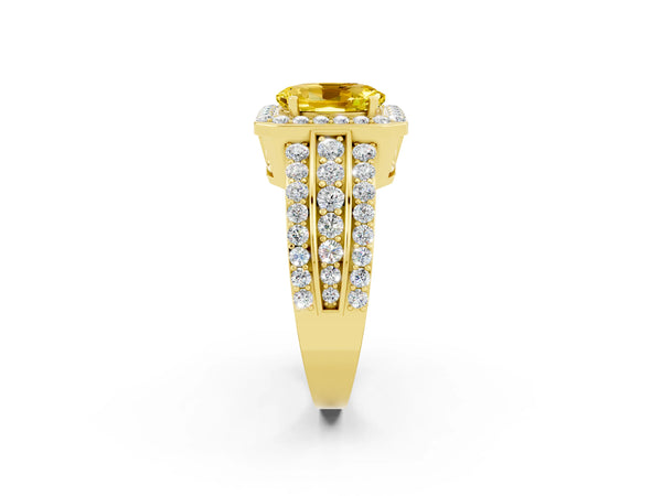Yellow gold Oval Cut Halo Yellow Sapphire Ring with Round  Split Shank and Prong Setting