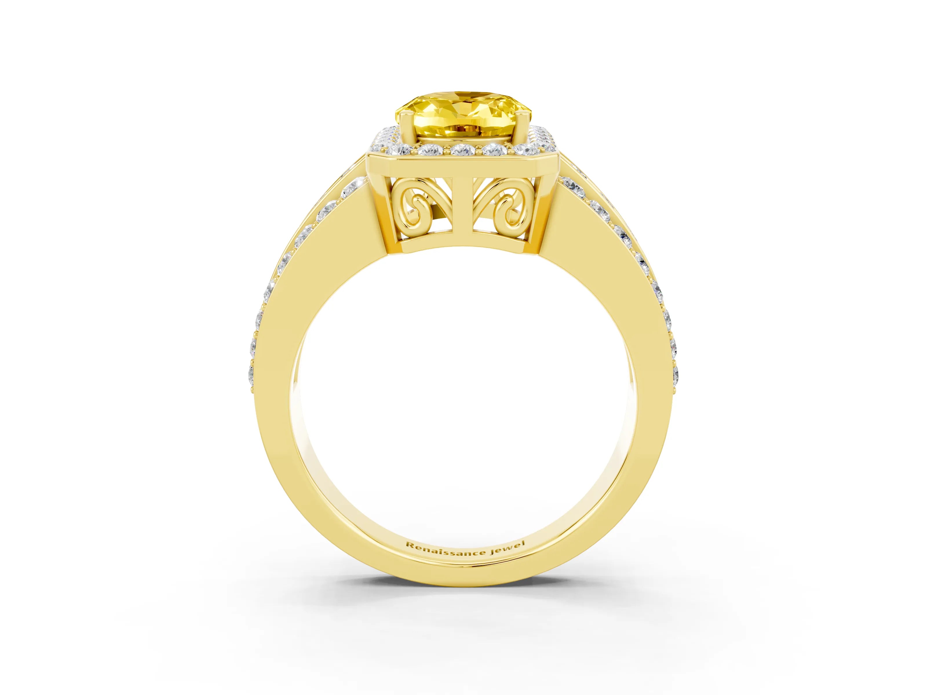 Yellow gold Oval Cut Halo Yellow Sapphire Ring with Split Shank and Four-Prong Setting_27