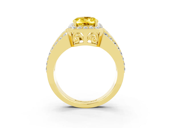 Yellow gold Oval Cut Halo Yellow Sapphire Ring with Round  Split Shank and Prong Setting
