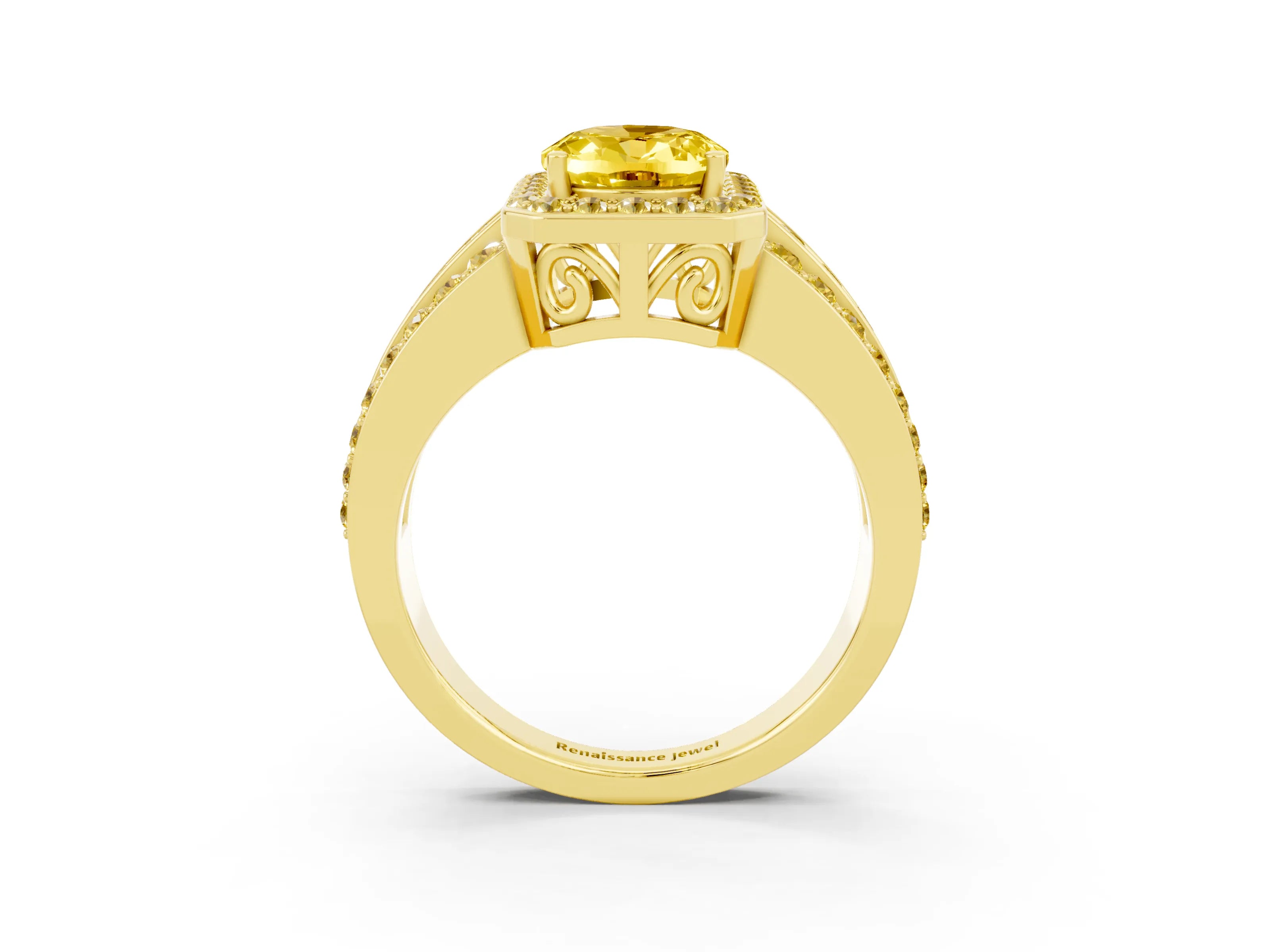 Yellow gold Oval Cut Halo Yellow Sapphire Ring with Split Shank and Four-Prong Setting_3