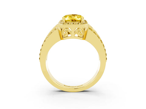 Yellow gold Oval Cut Halo Yellow Sapphire Ring with Split Shank and Four-Prong Setting_3