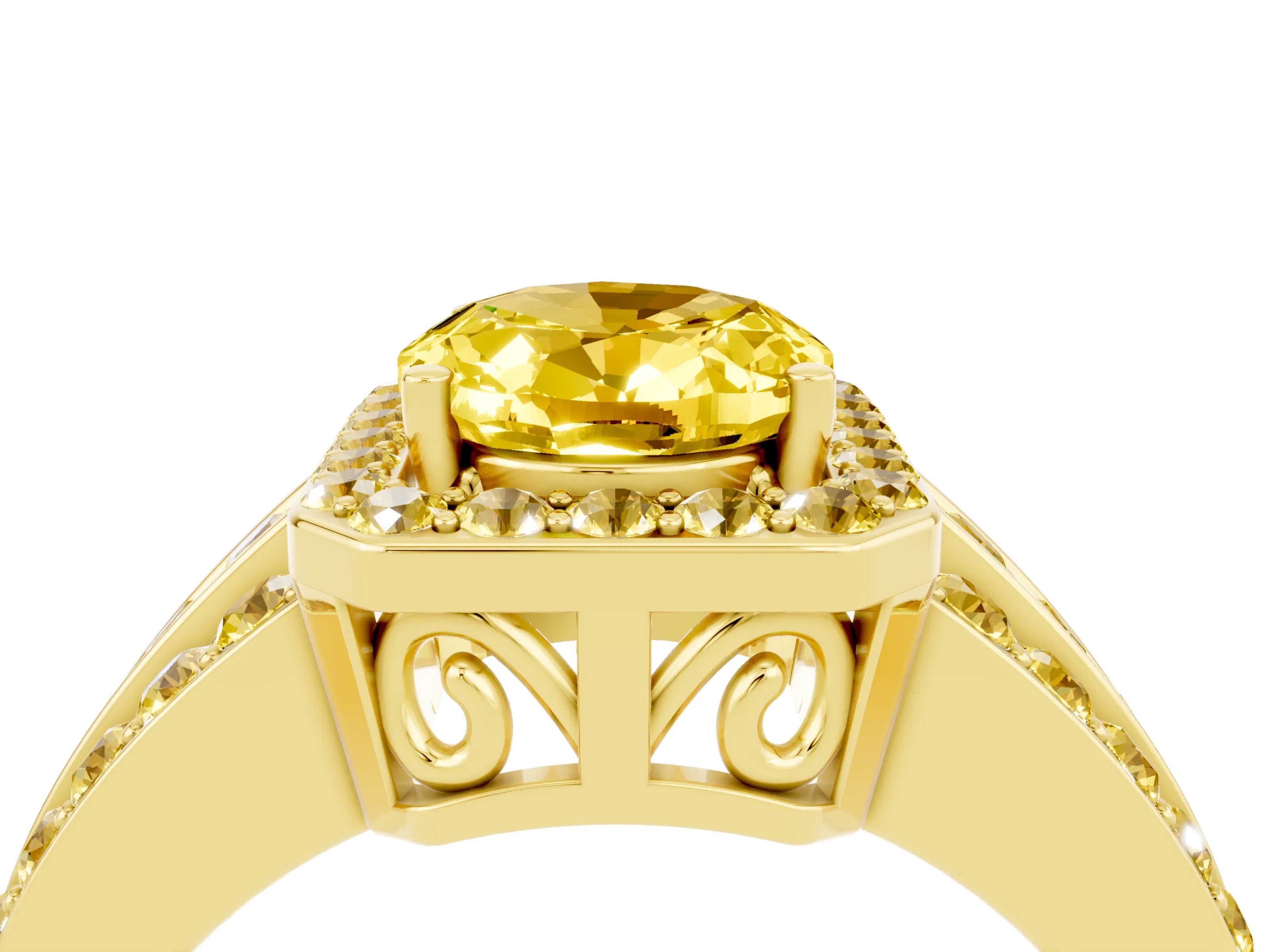 Yellow gold Oval Cut Halo Yellow Sapphire Ring with Split Shank and Four-Prong Setting_4