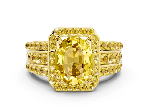 Yellow gold Oval Cut Halo Yellow Sapphire Ring with Split Shank and Four-Prong Setting