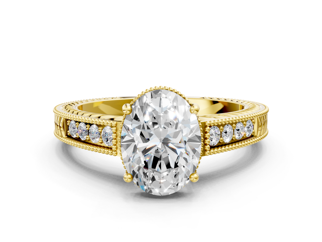 Yellow gold Oval Cut Milgrain Channel Set Engagement Ring with Solitaire Prong Setting_94