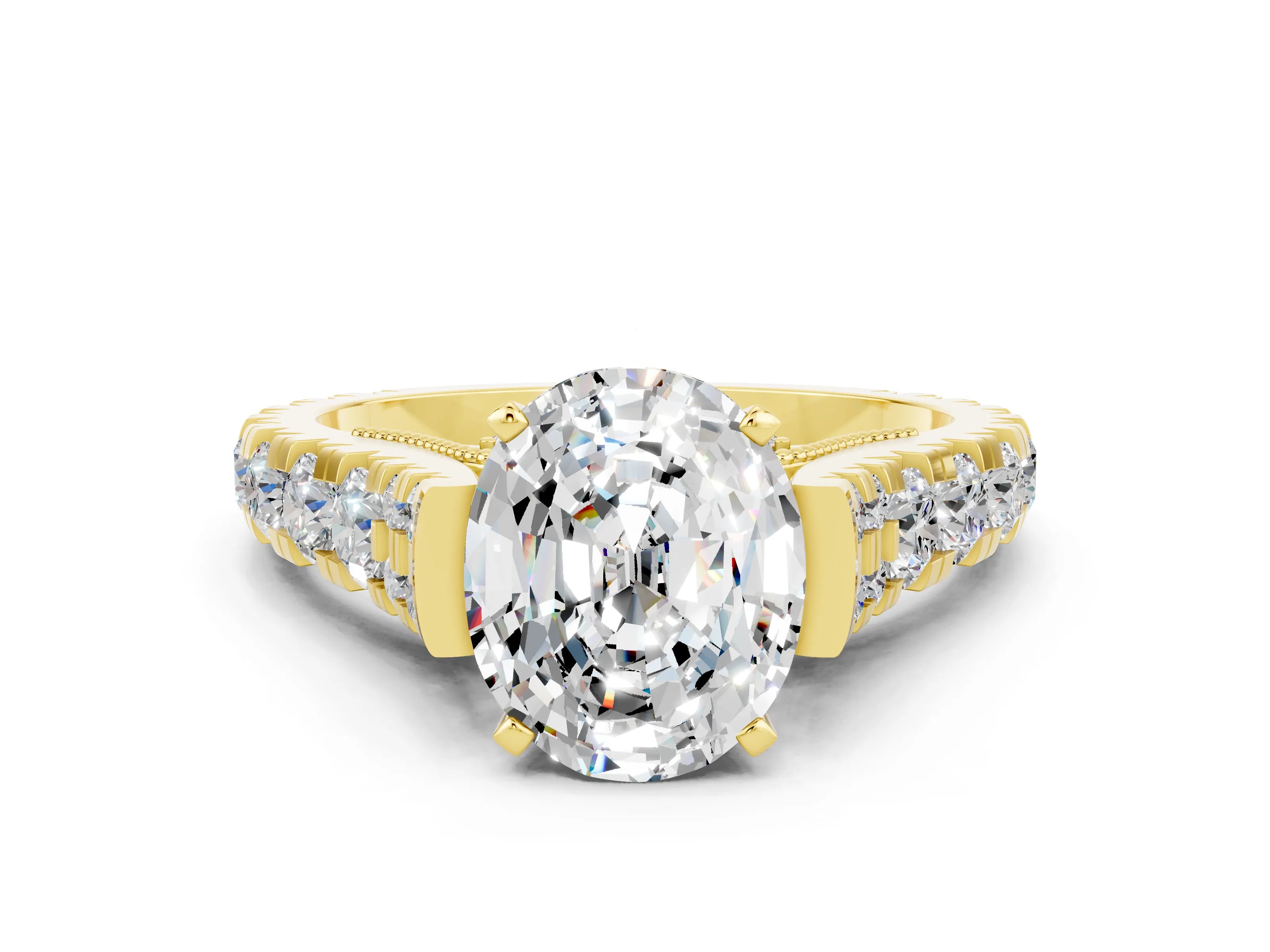 Yellow gold Oval Cut Moissanite Classic Solitaire Ring with Pavé Band and Four-Prong Setting