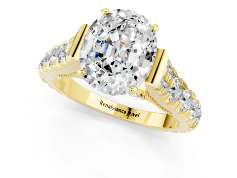 Yellow gold Oval Cut Moissanite Classic Solitaire Ring with Pavé Band and Four-Prong Setting_1