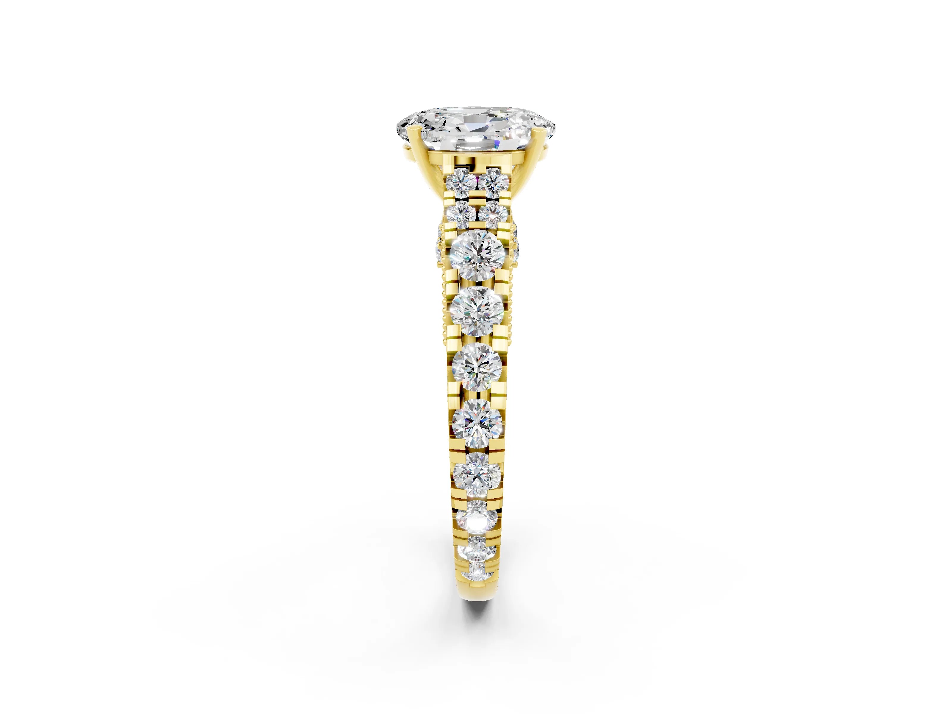 Yellow gold Oval Cut Moissanite Classic Solitaire Ring with Pavé Band and Four-Prong Setting_2