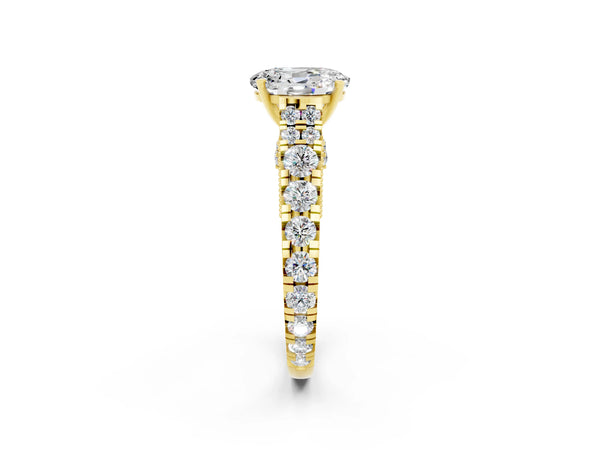 Yellow gold Oval Cut Moissanite Classic Solitaire Ring with Pavé Band and Four-Prong Setting