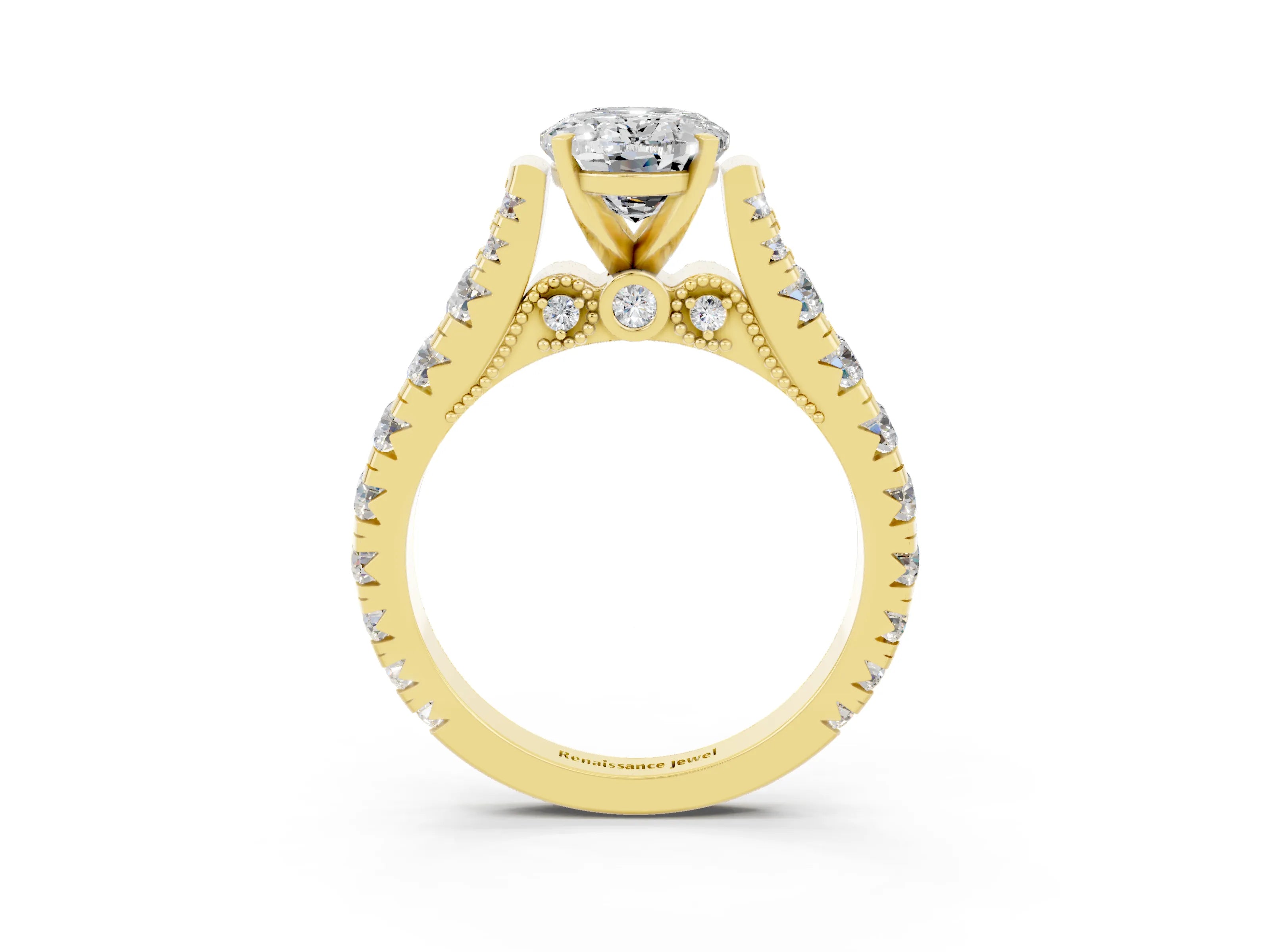Yellow gold Oval Cut Moissanite Classic Solitaire Ring with Pavé Band and Four-Prong Setting_3