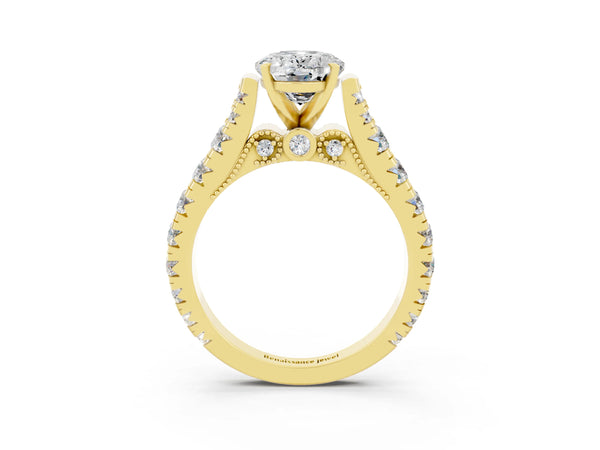 Yellow gold Oval Cut Moissanite Classic Solitaire Ring with Pavé Band and Four-Prong Setting