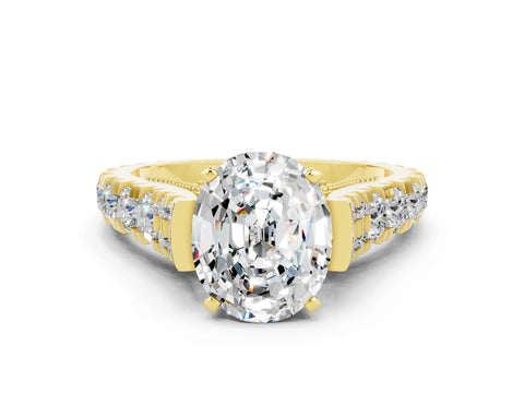 Yellow gold Oval Cut Moissanite Classic Solitaire Ring with Pavé Band and Four-Prong Setting