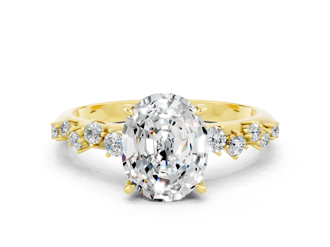 Yellow gold Oval Cut Moissanite Cluster Side Stone Solitaire Ring with Prong Setting_24
