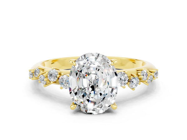 Yellow gold Oval Cut Moissanite Cluster Side Stone Solitaire Ring with Prong Setting