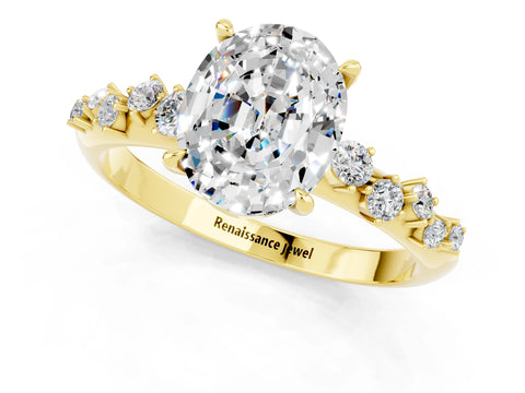 Yellow gold Oval Cut Moissanite Cluster Side Stone Solitaire Ring with Prong Setting_25