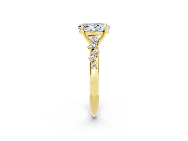 Yellow gold Oval Cut Moissanite Cluster Side Stone Solitaire Ring with Prong Setting