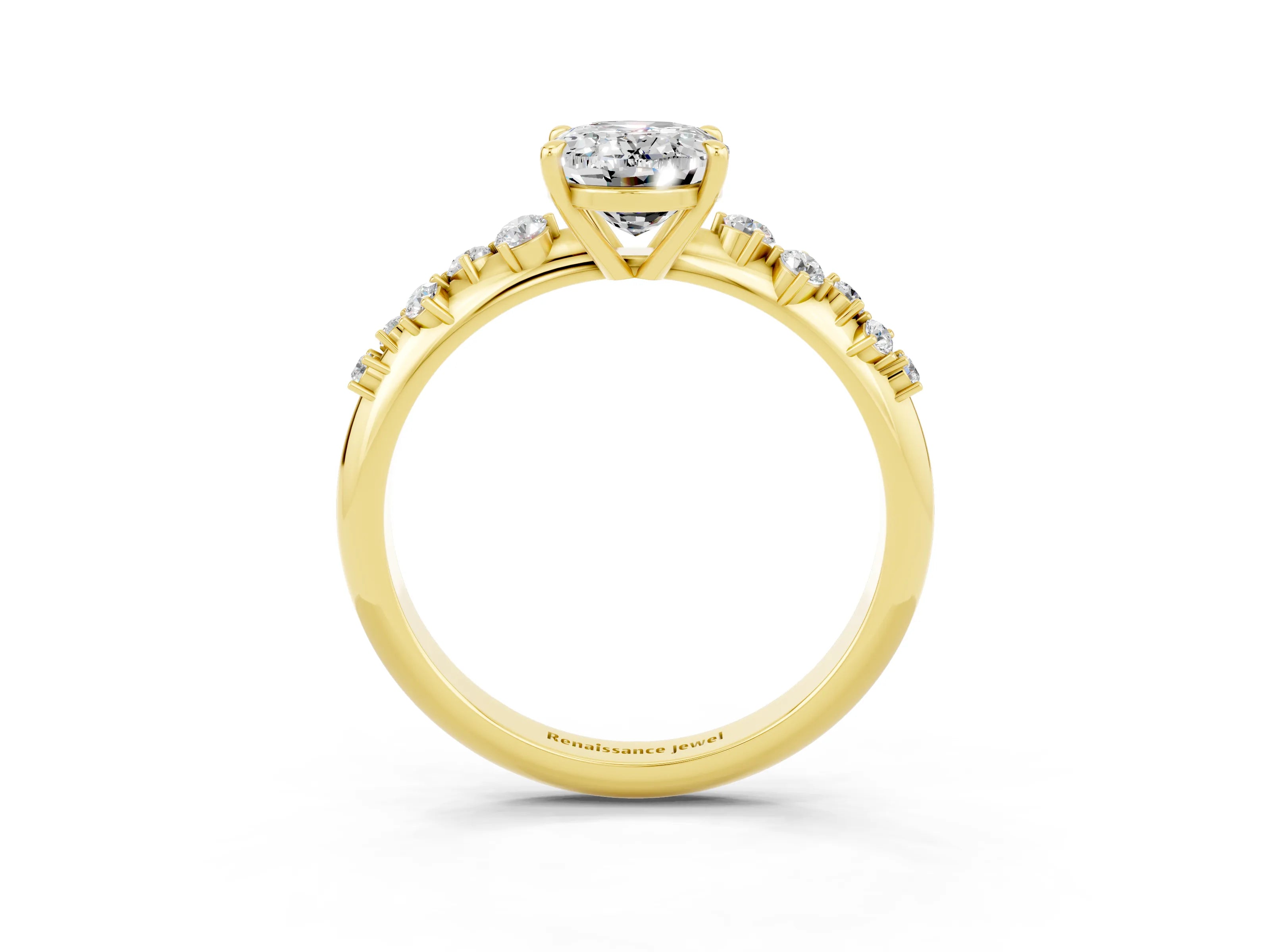 Yellow gold Oval Cut Moissanite Cluster Side Stone Solitaire Ring with Prong Setting_27