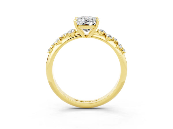Yellow gold Oval Cut Moissanite Cluster Side Stone Solitaire Ring with Prong Setting