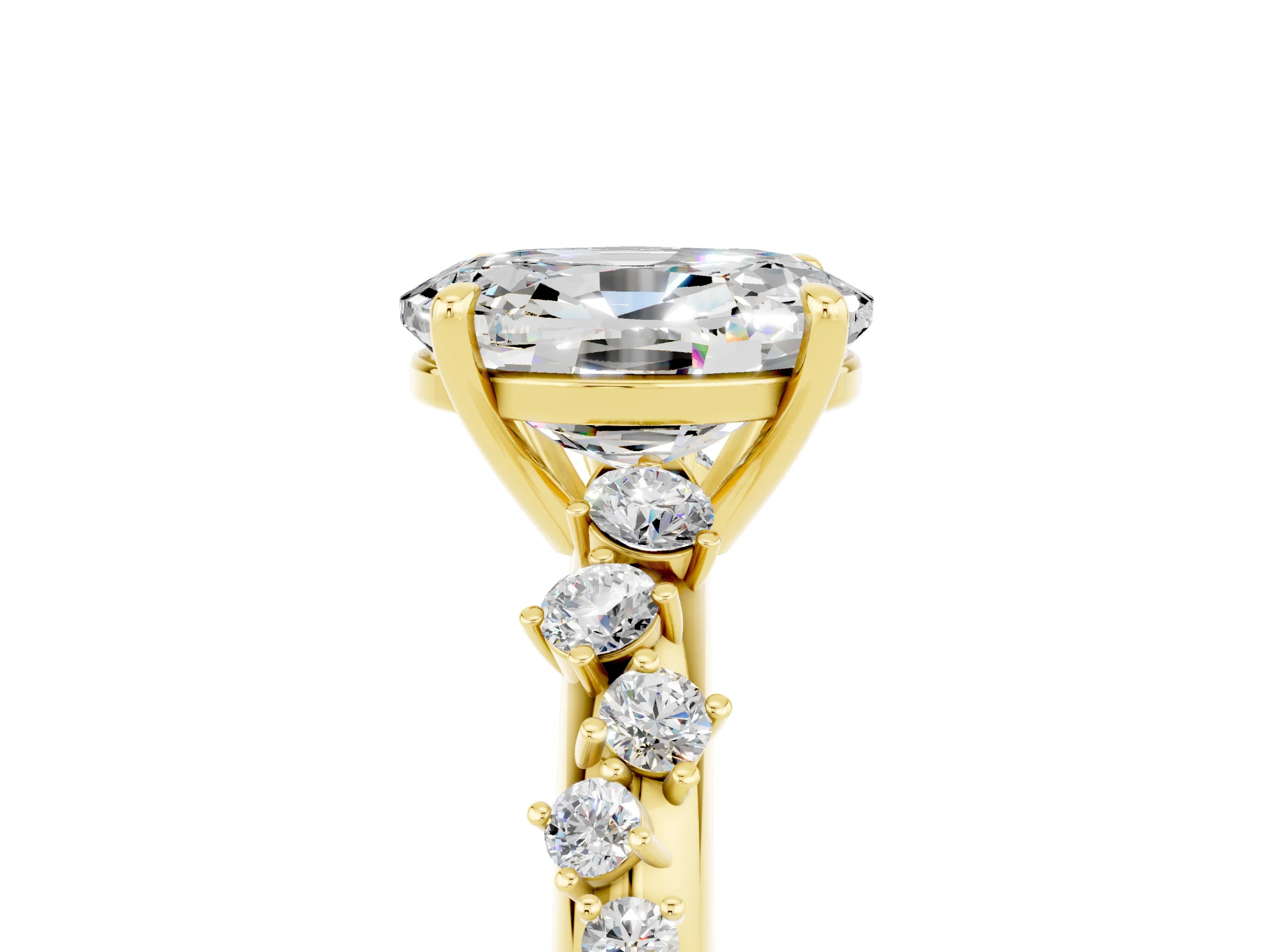 Yellow gold Oval Cut Moissanite Cluster Side Stone Solitaire Ring with Prong Setting_29