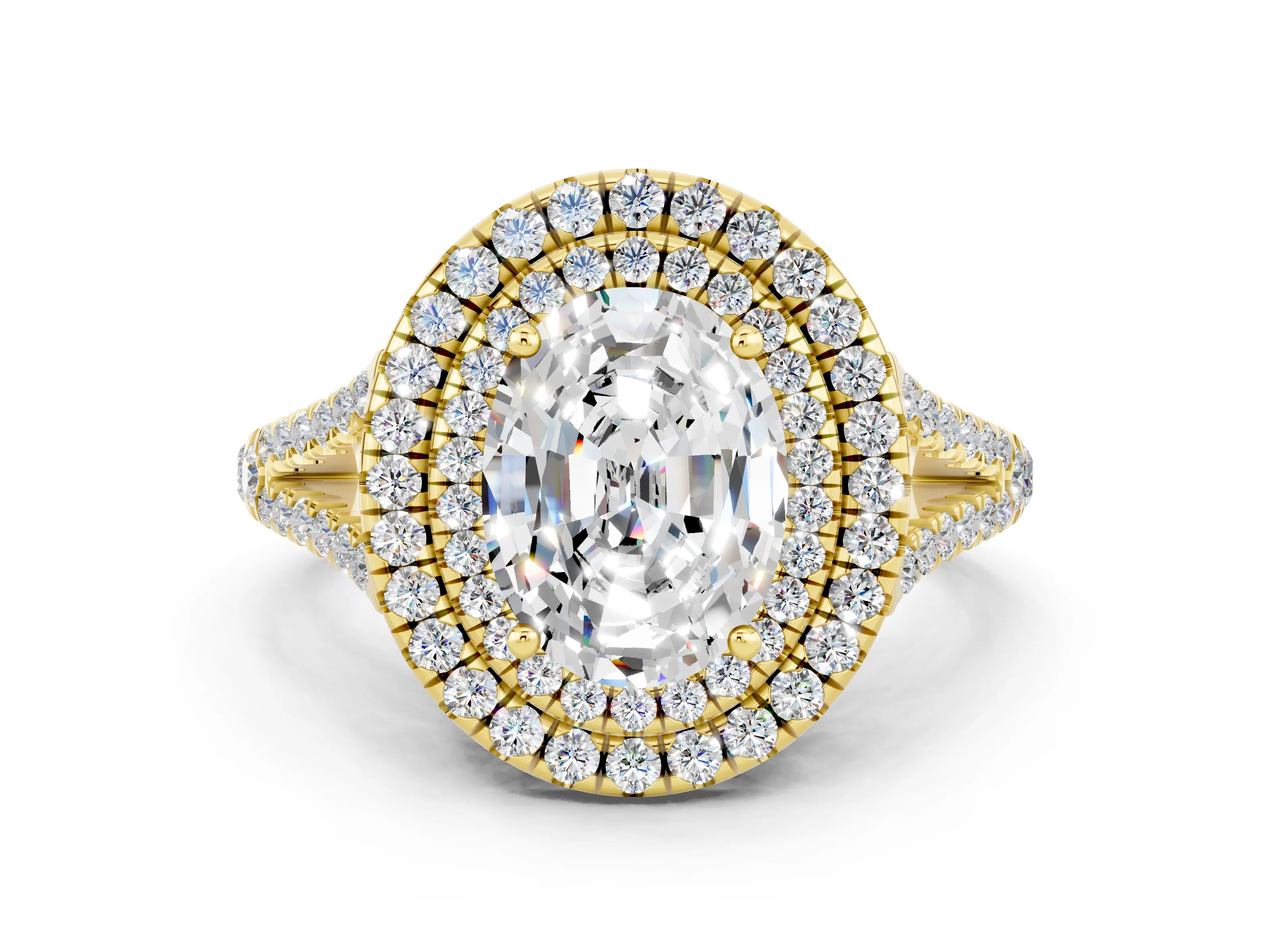 Yellow gold Oval Cut Moissanite Double Halo Ring with Pavé Band and Prong Setting_12