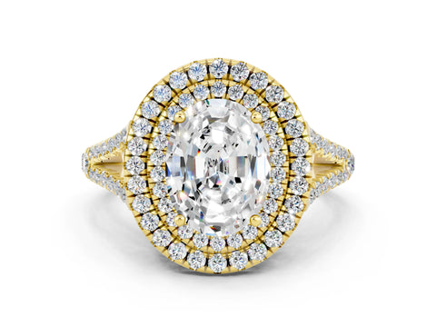 Yellow gold Oval Cut Moissanite Double Halo Ring with Pavé Band and Prong Setting_12