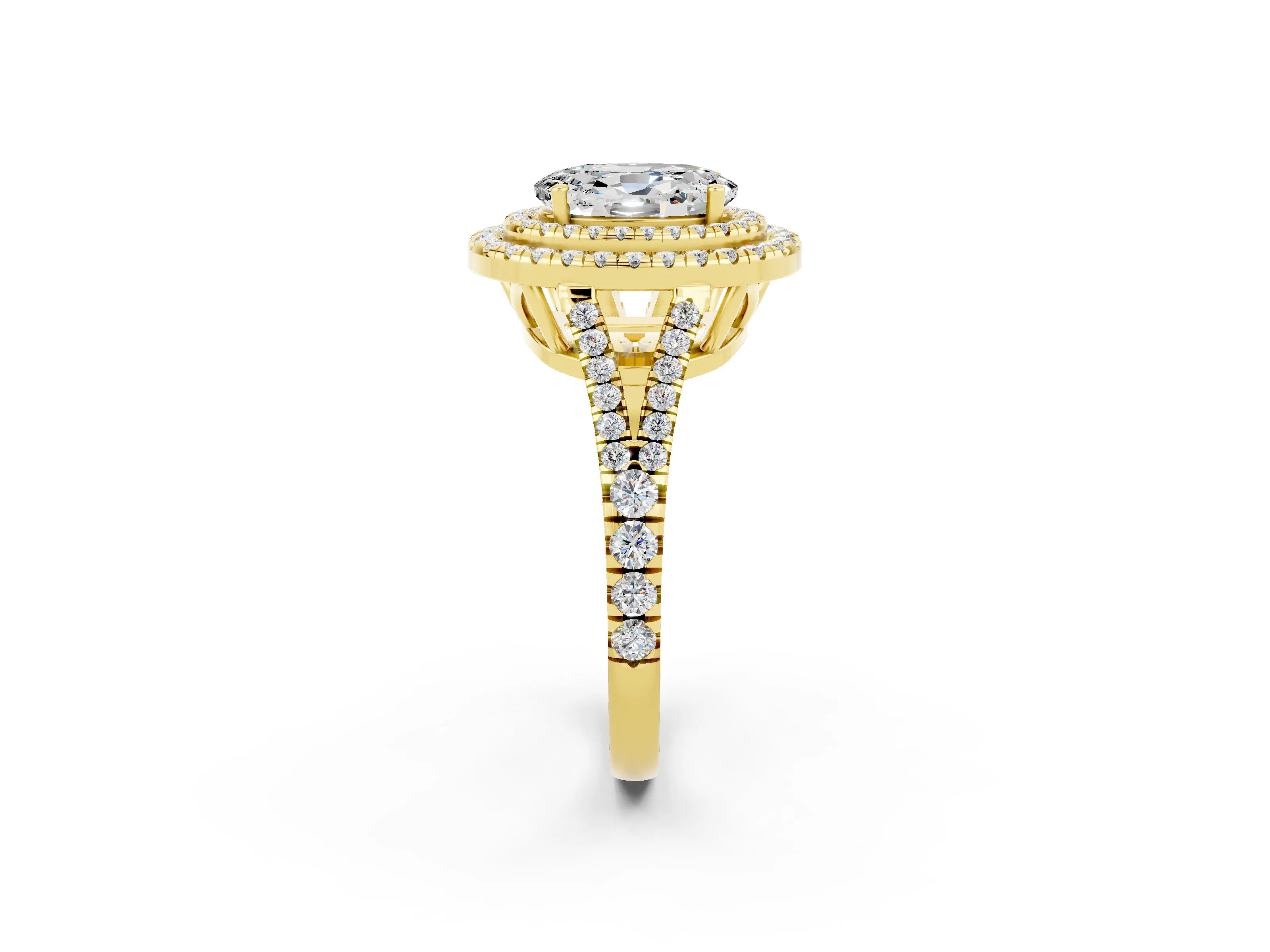 Yellow gold Oval Cut Moissanite Double Halo Ring with Pavé Band and Prong Setting_14