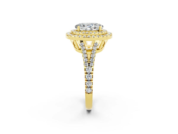 Yellow gold Oval Cut Moissanite Double Halo Ring with Pavé Band and Prong Setting
