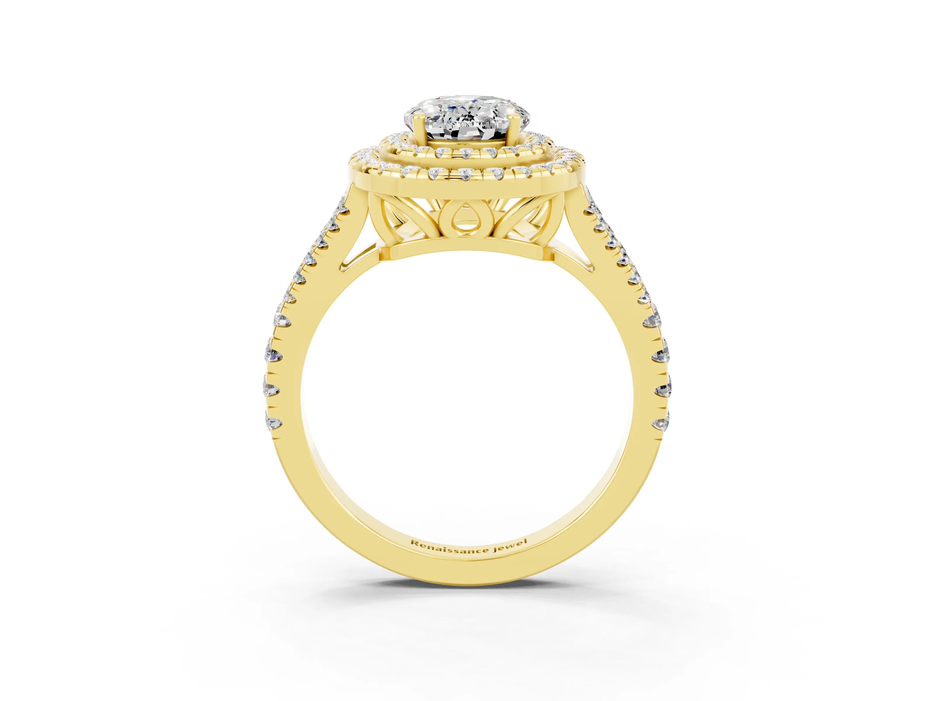 Yellow gold Oval Cut Moissanite Double Halo Ring with Pavé Band and Prong Setting_15