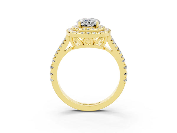 Yellow gold Oval Cut Moissanite Double Halo Ring with Pavé Band and Prong Setting
