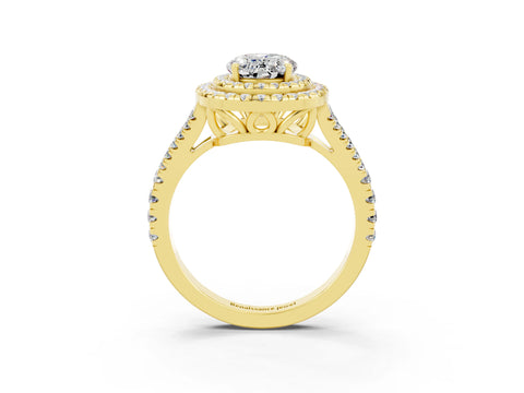 Yellow gold Oval Cut Moissanite Double Halo Ring with Pavé Band and Prong Setting_15