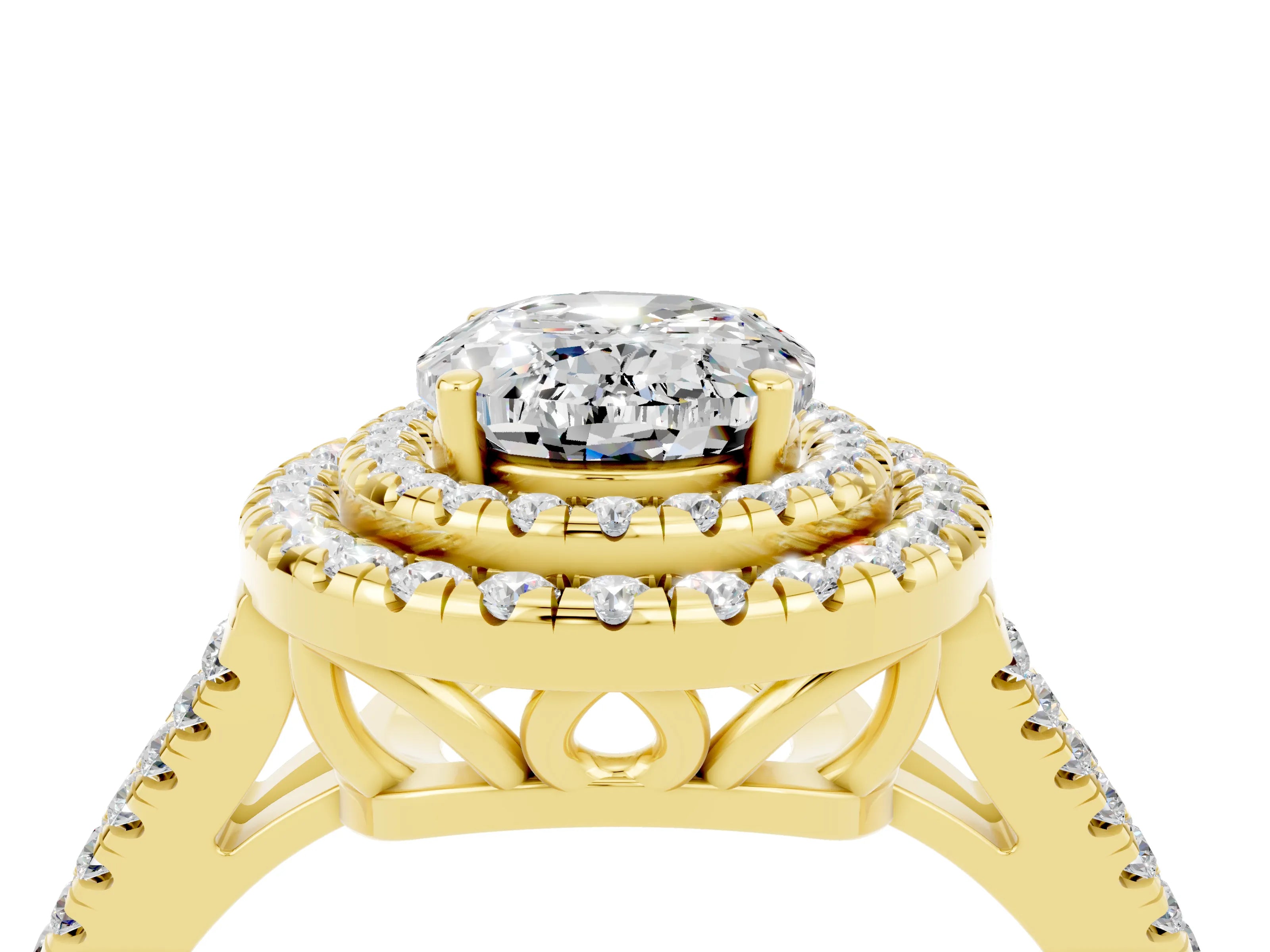 Yellow gold Oval Cut Moissanite Double Halo Ring with Pavé Band and Prong Setting_16