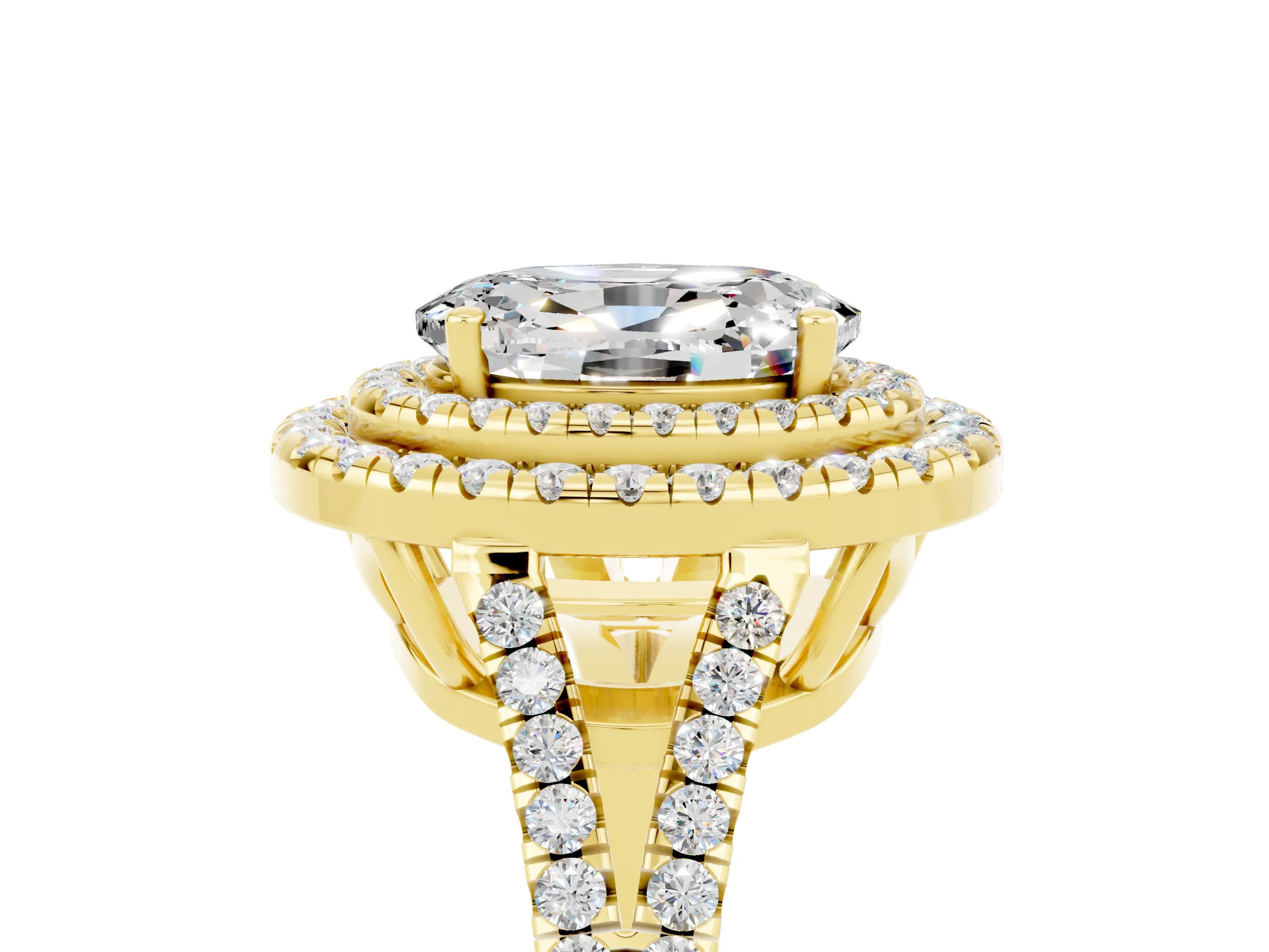 Yellow gold Oval Cut Moissanite Double Halo Ring with Pavé Band and Prong Setting_17
