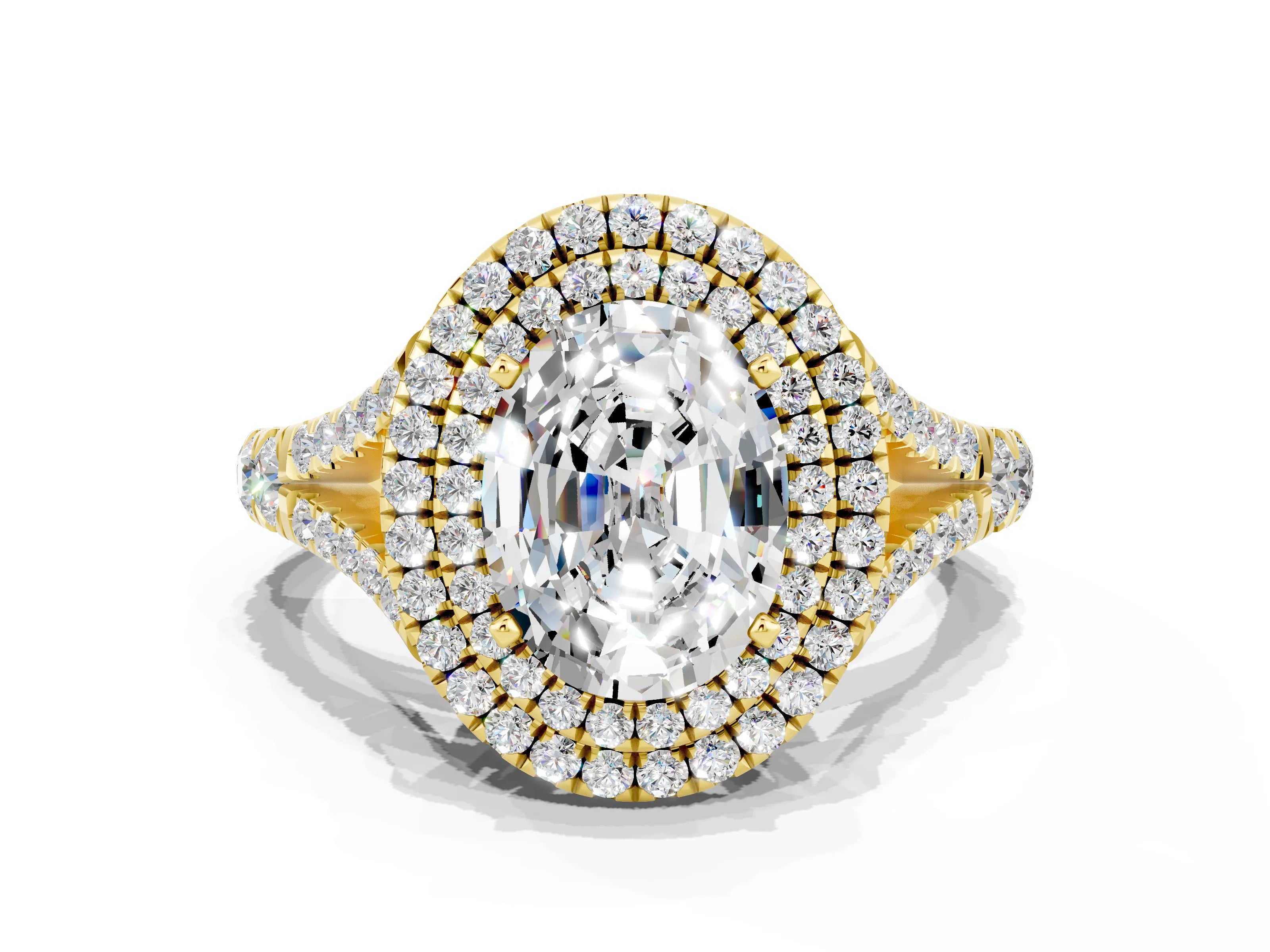 Yellow gold Oval Cut Moissanite Double Halo Ring with Split Shank and Prong Setting_12