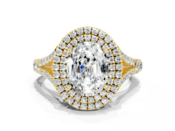 Yellow gold Oval Cut Moissanite Double Halo Ring with Split Shank and Prong Setting