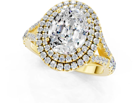 Yellow gold Oval Cut Moissanite Double Halo Ring with Split Shank and Prong Setting_13