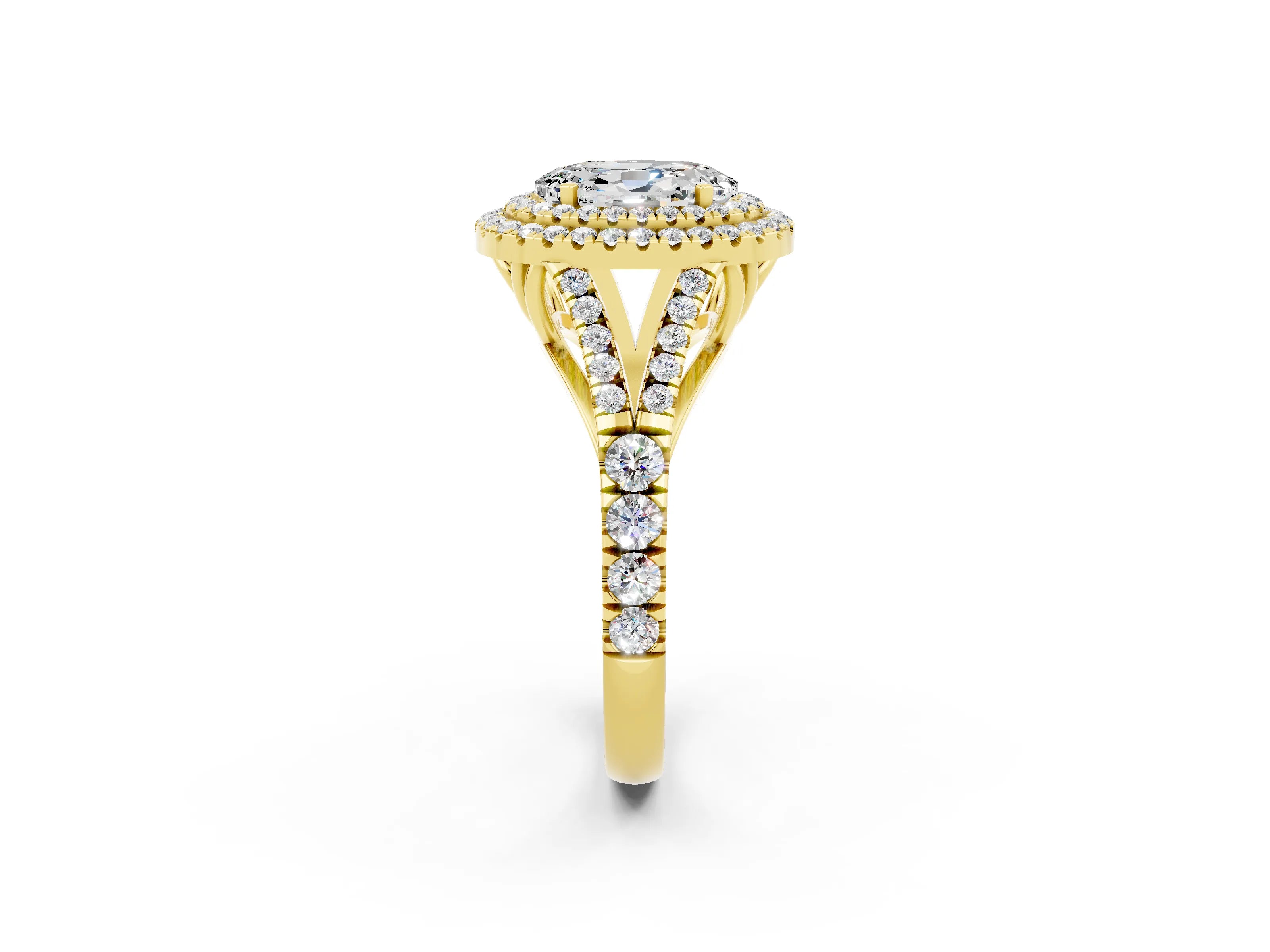 Yellow gold Oval Cut Moissanite Double Halo Ring with Split Shank and Prong Setting_14